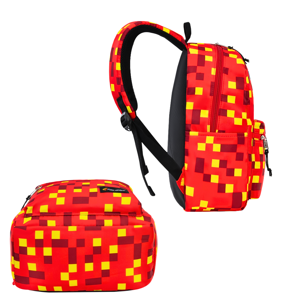 PrestonPlayz & Friends Backpack with vibrant red and yellow pixel design, ideal for school and adventures.