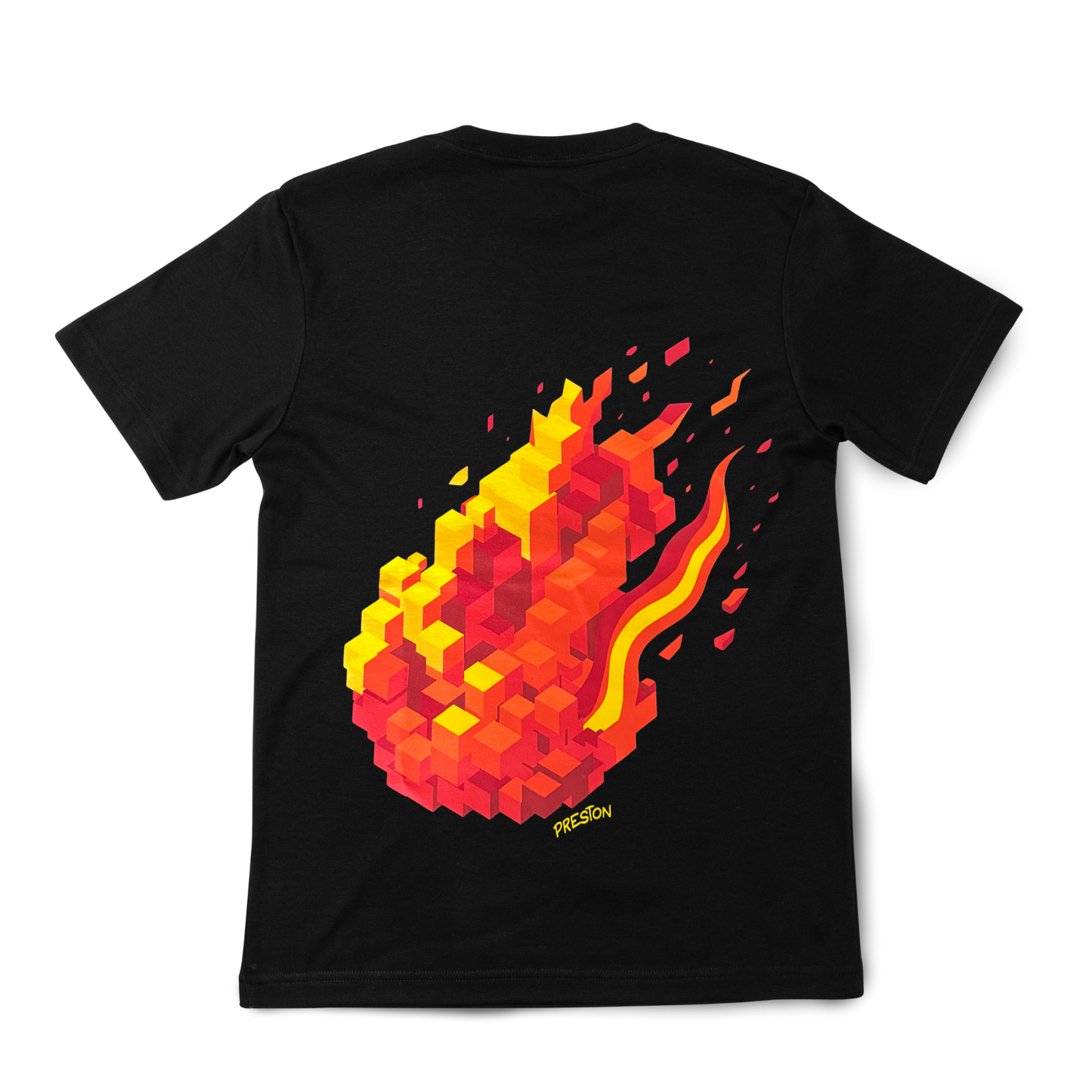 Black t-shirt with a colorful blocky flame design on a white background