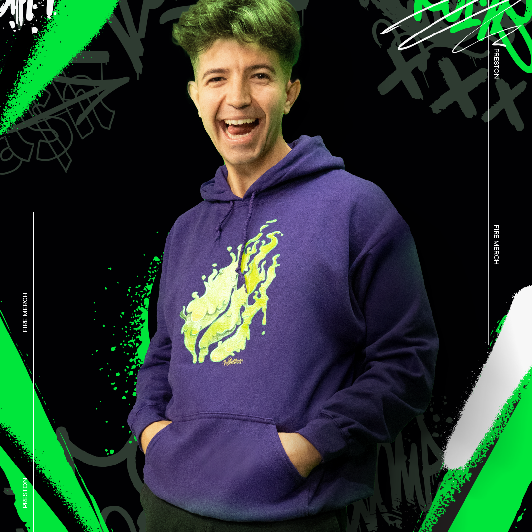 Person wearing a purple hoodie with a yellow graphic design on a black background with green and white abstract elements.